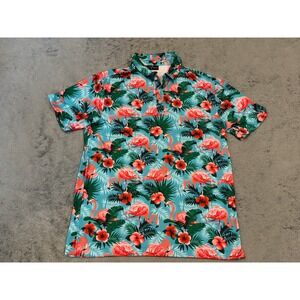 Yatta Golf Mens Flamingo Hibiscus Tropical Performance Polo Shirt Blue Large L